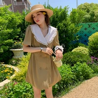 short sleeve solid color 2022 summer womens tops korean doll collar waist suit dress party dress women y2k dress mini 506j