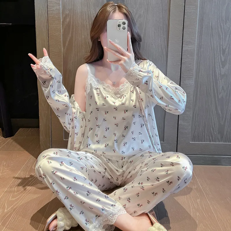 Pajamas Women's Spring and Autumn Winter Ice Silk Long Sleeve Sling Sexy Three Piece Set Real Silk Home Clothes Summer