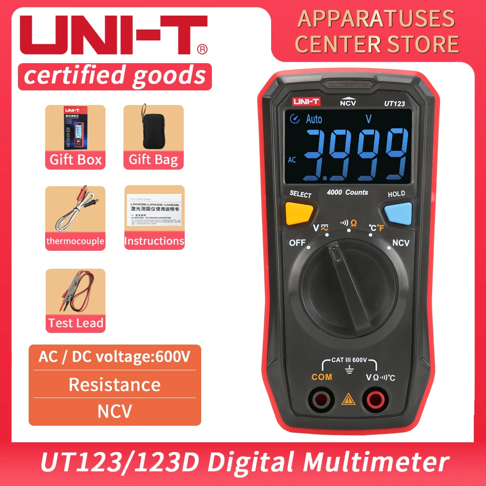 

UNI-T UT123 Mini Digital Multimeter GUARANTEED AC DC Voltage Resistance Temperature Electrical NCV Tester EBTN Display UT123D