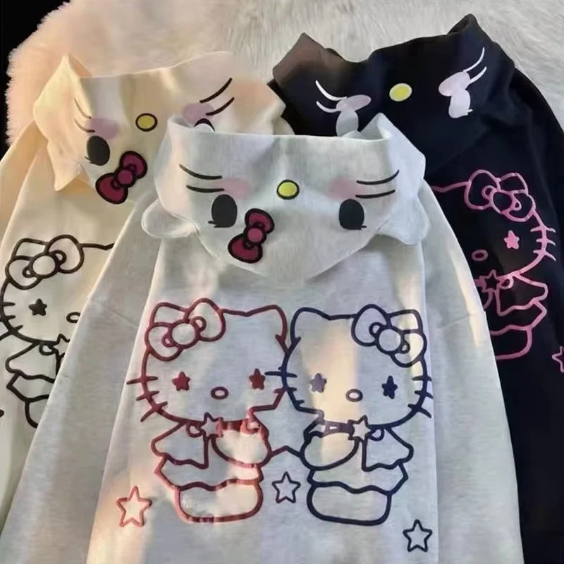 Sanrio Kawaii Hello Kitty новый милый мультяшный теплый свитер с капюшоном женский