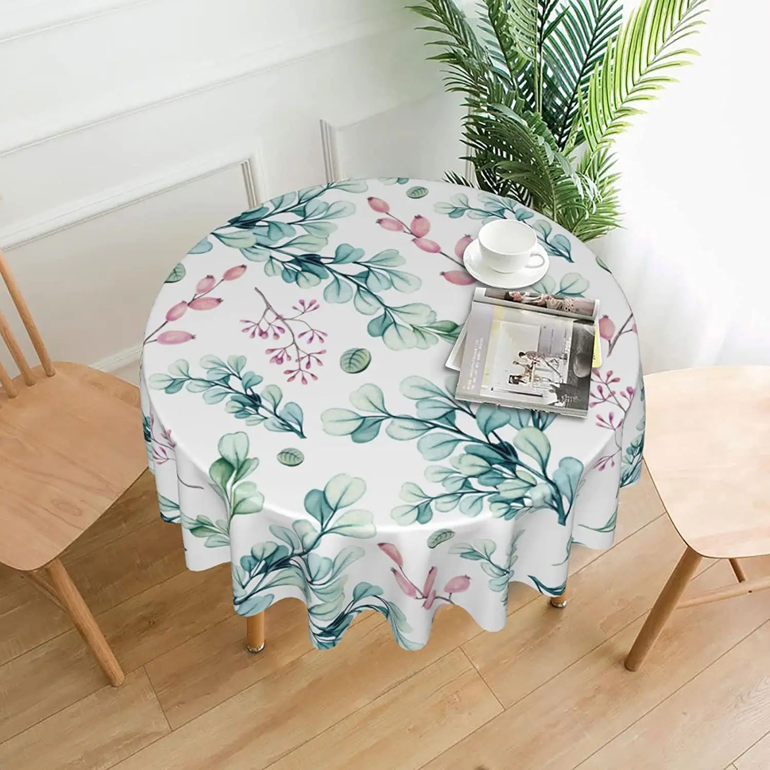

Watercolor Botanical Leaf Pastel Round 60 Inch Table Cover Polyester Stain and Wrinkle Resistant Table Cloth for Kitchen Dining