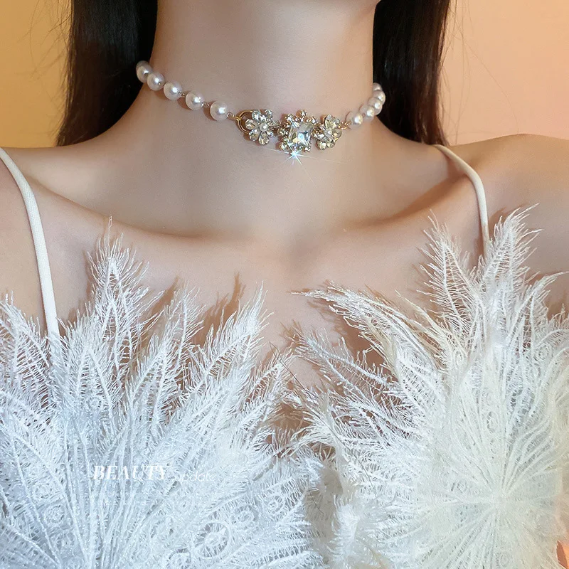 

Minar Korean Fashion Imitation Pearl Chokers Necklaces for Women Shiny Rhinestone Flower Beads Chain Necklace Elegant Jewelry