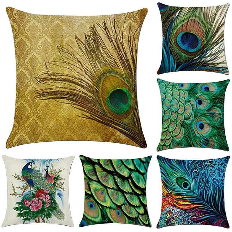 

New 6 PCS Peacock Feather Pattern Pillowcase Linen Pillow Cover Home Decor Square Cushion Cover Printing Pillow Case