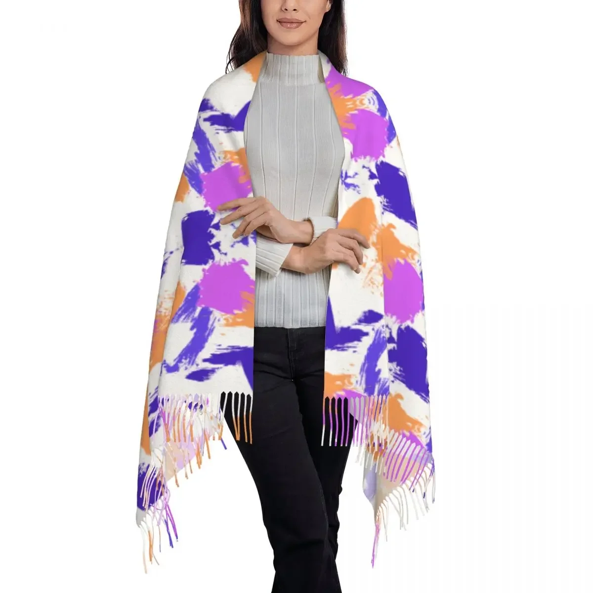 Персонализированный печатный красочный длинный ворсовый шарф с бахромой