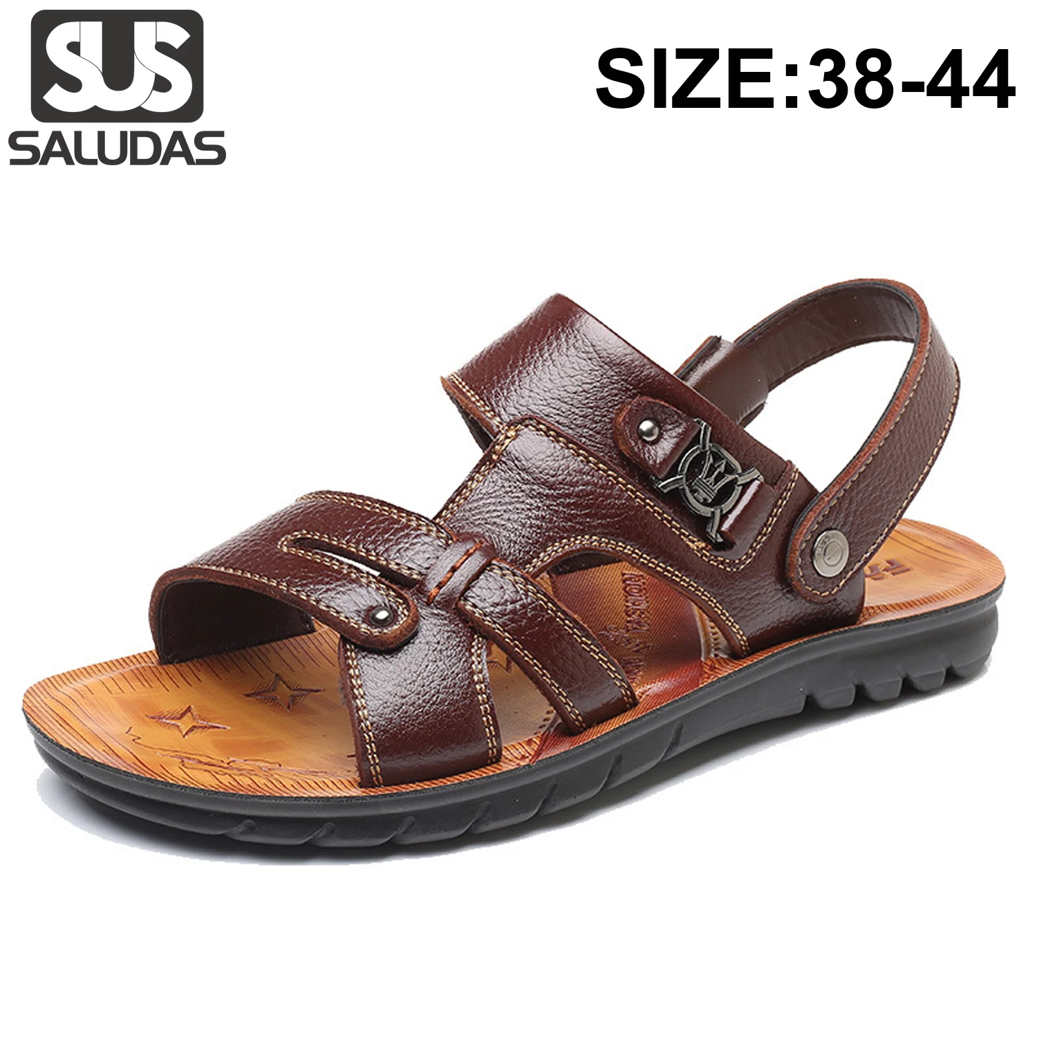 SALUDAS Casual Sandals Men Summer Leather Luxury Sandals Anti Slip Breathable Leather Handmade Beach Men's Slippers