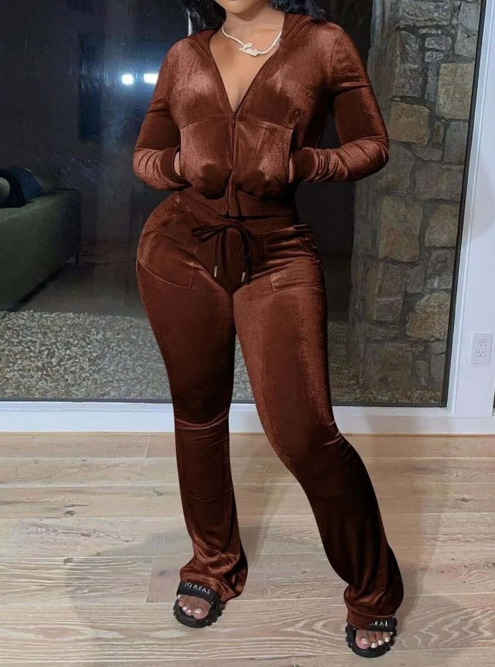 Golden Velvet Zipper Hooded Warm Casual Set