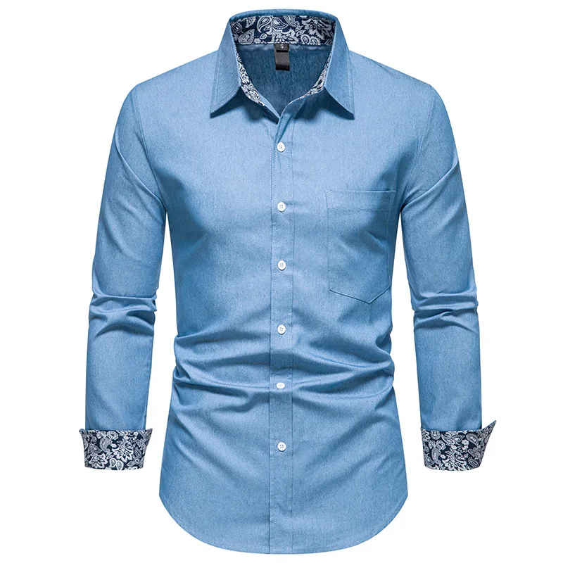

New Arrival Men's Long Sleeve Denim Shirt Solid Color Fashion Casual Men Slim Fitting Shirts