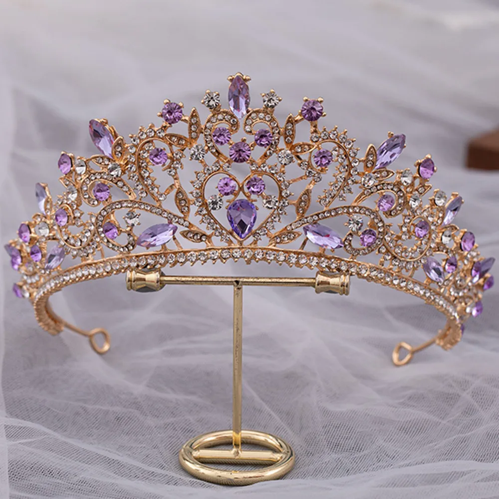 

DIEZI Luxury Elegant Purple Pink AB Crystal Flower Tiara Crown For Women Bridal Bride Queen Headbands Hair Wedding Accessories