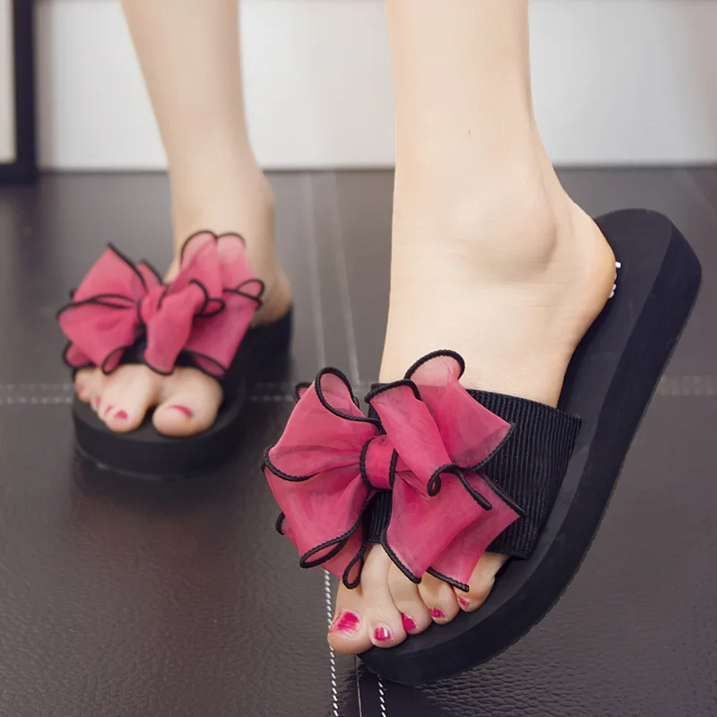 Summer Casual Platform Woman Bath Slippers Wedge Heels Beach Flip Flops High Heel Soft Slippers For Women Black Ladies Shoes