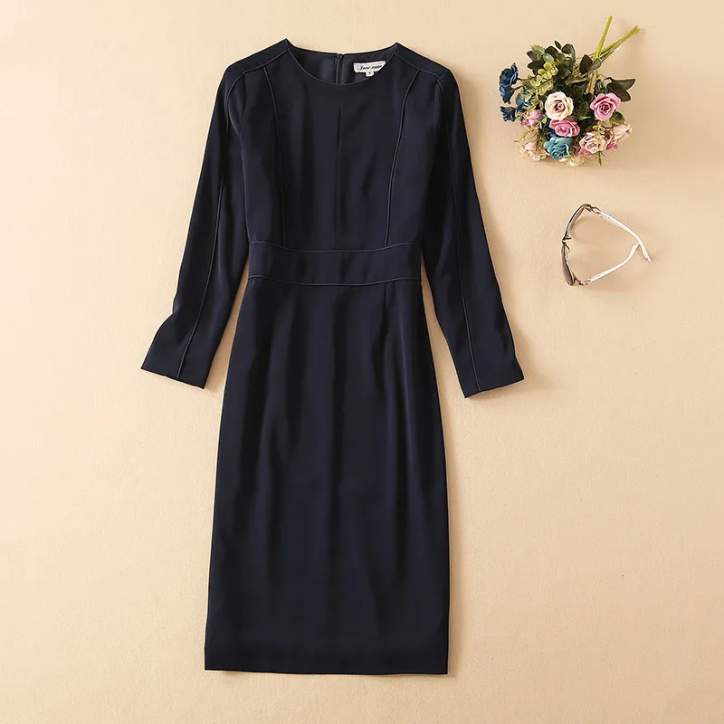 MIUXIMAO 2022 New Summer Women's Clothing O-Neck Long Sleeve Slim Waist Solid Dress Fashion Elegant Office Style