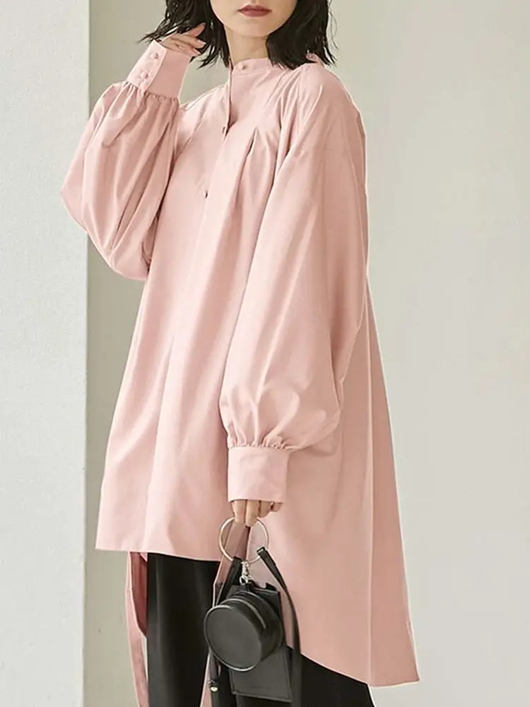 

Модная женская блузка оверсайз с высоким и низким вырезом, повседневная однотонная свободная туника, модель 2022 года, Весенняя Рабочая Рубаш...