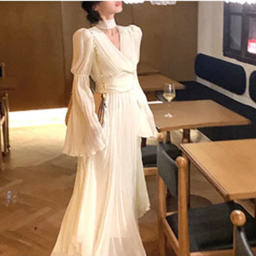Женское шифоновое платье с V-образным вырезом элегантное белое длинное винтажное