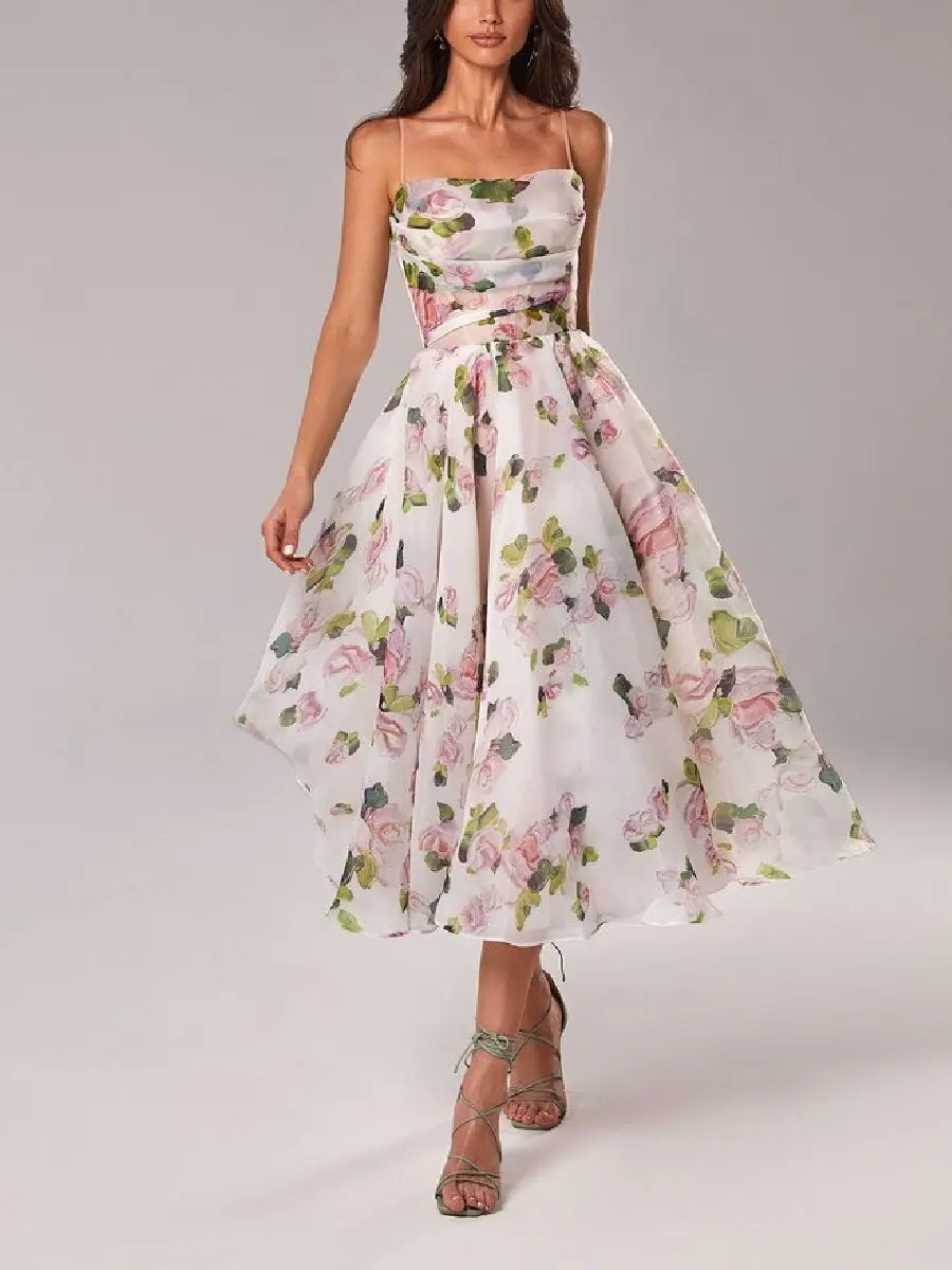 

Summer elegant and chic floral print party dresses Sexy backless strapless sleeveless empire waist spaghetti strap midi dress