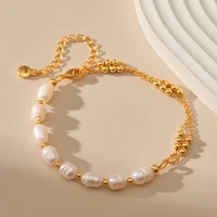 korea new womens natural freshwater pearl bracelet double layer ball gold chain charm bracelet for women luxury jewelry gift