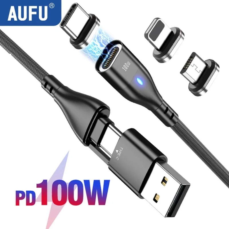 Магнитный USB-кабель AUFU 100 Вт для iPhone 14, 13, Realme, Samsung, быстрая зарядка, Тип C, Магнитный зарядный провод, шнур для Macbook