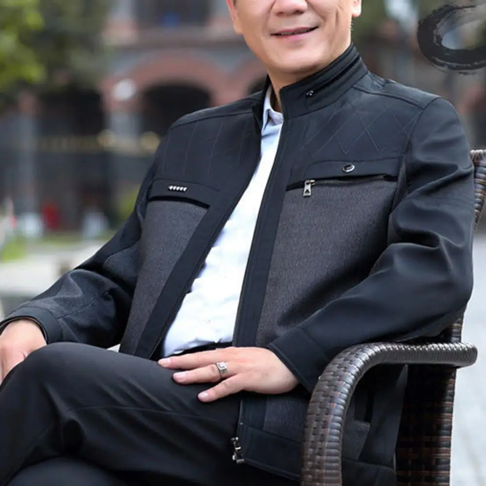 Фото Теплая мужская куртка модная мужская куртка для мужчин среднего возраста Толстая плюшевая зимняя куртка с воротником-стойкой и несколькими карманами для осени/зимы №1