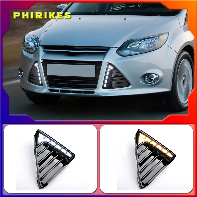 

For FordFocus 3 MK3 2012~2015 Daytime Running Light DRL LED Fog Lamp Cover With Yellow Turning Signal Functions