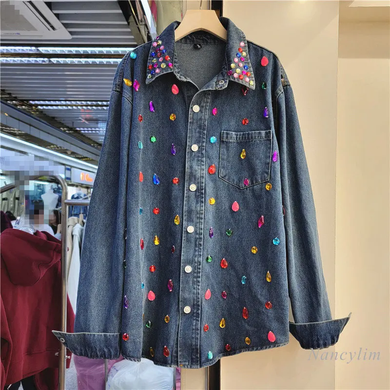 

Exquisite Rhinestone Loose Denim Shirt Women's Spring 2023 New All-Match Single-Breasted Denim Top Casual Streetwear
