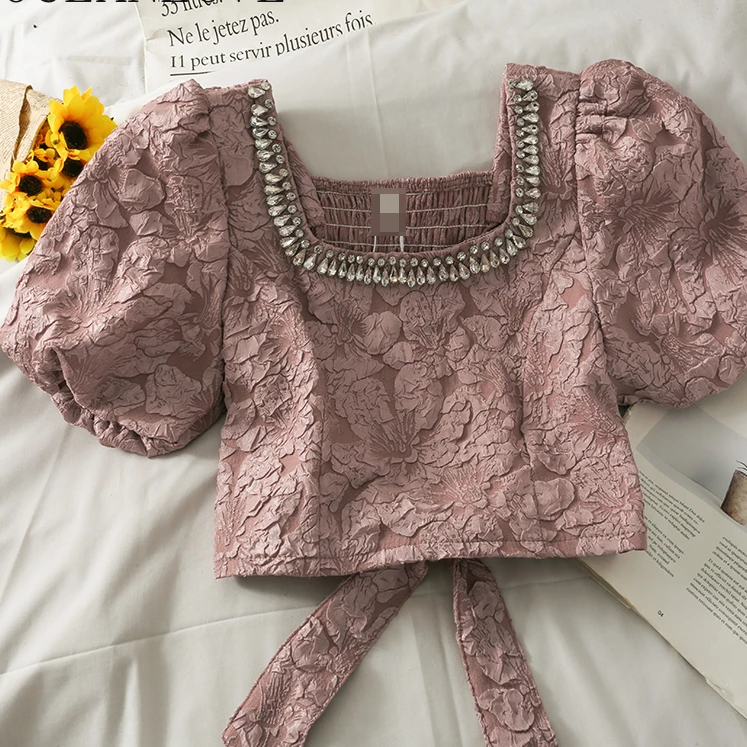 

2022 Korean Heavy Jacquard Blouse Women Summer Diamonds Square Collar Puff Sleeve Bandage Bowknot Tops Short Blusas Mujer