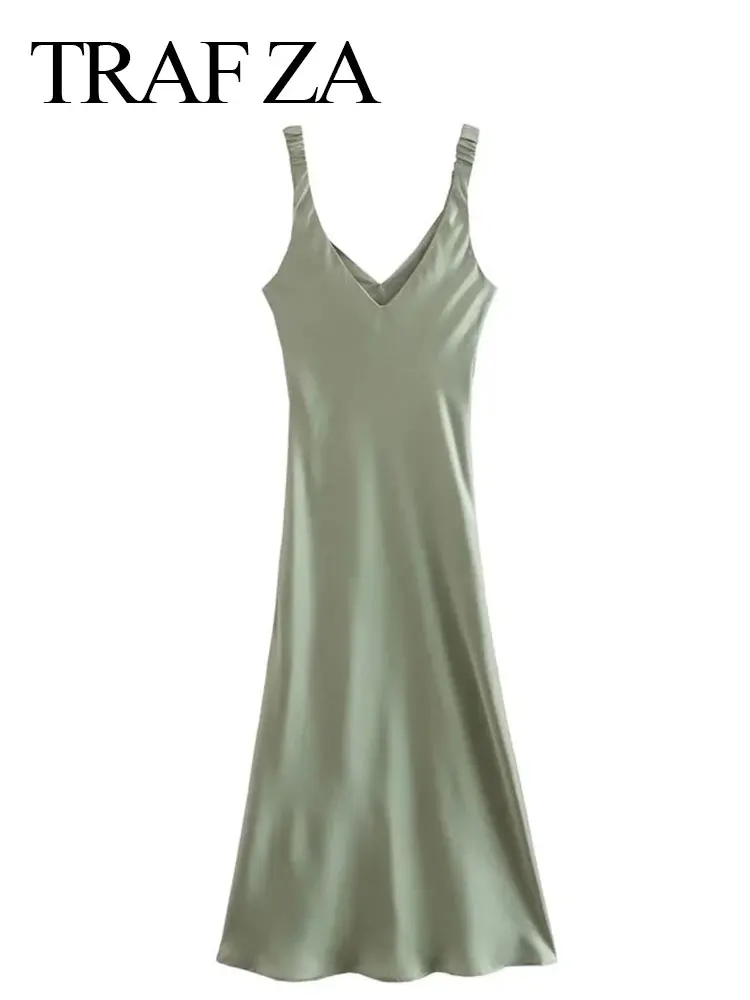 

TRAF ZA Ladies Summer Solid Color Sling Dress Elastic A-Line Skirt Sleeveless Open Back Elegant Slim Street Ladies Fashion Party