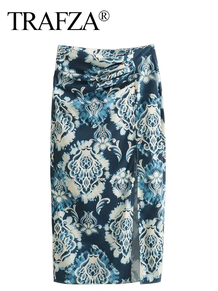 

TRAFZA Skirts For Women 2023 Fashion New Navy Blue Paisley Print Sheath Skirt Show Curve Long Female Textured Woman Skirt