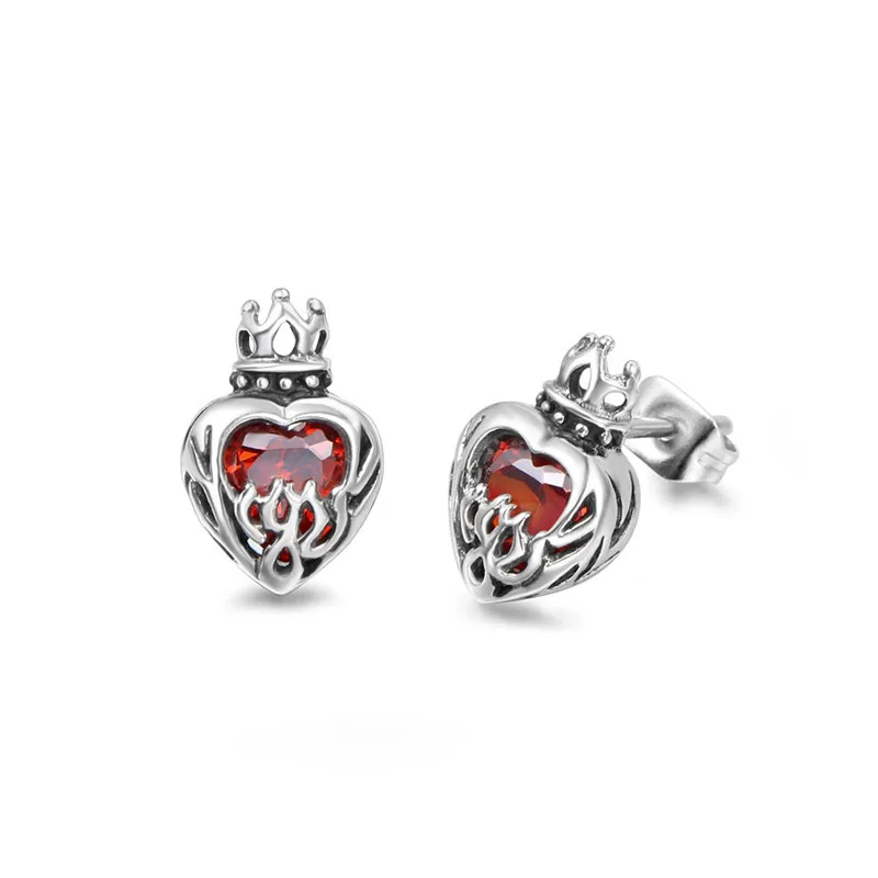 

Stainless Steel Piercing Jewelry For Women Gothic Punk Crown Heart Stud Earrings With AAA+ Cubic Zirconia Rock Drop Pendiente
