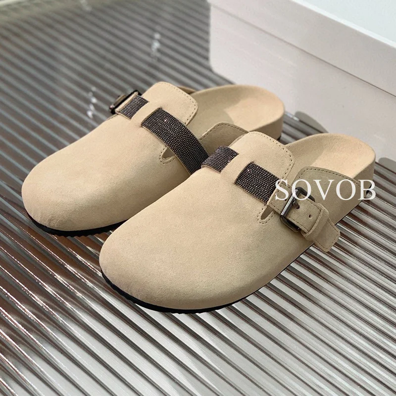 Весенне-осенние декоративные тапочки на плоской подошве с бисером женские сабо