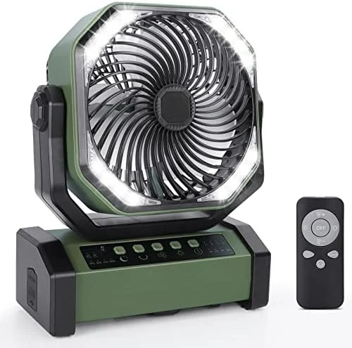 

Camping Fan with LED Light, 20000mAh Rechargeable Battery Operated Table Fan, Auto-Oscillating Tent Fan with Remote & Hook, Xia