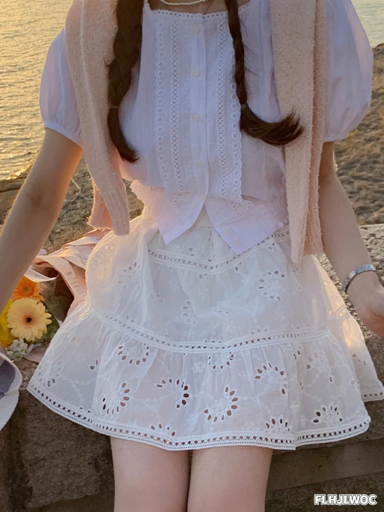 

Милые короткие топы, летняя Милая крючком блузка в стиле преппи для девушек, кружевная белая рубашка в стиле ретро, винтажная Женская Корейс...