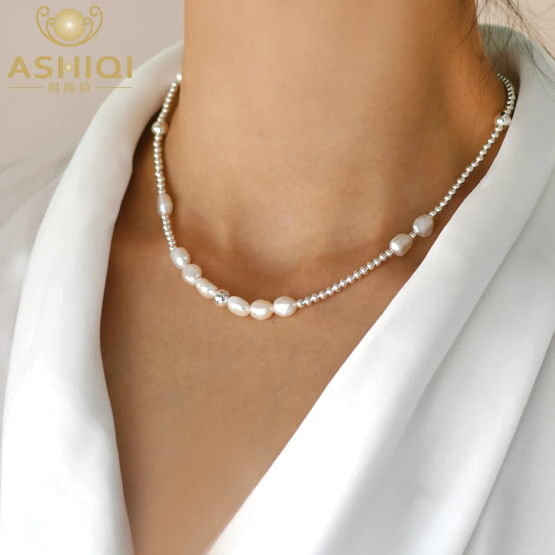 

ASHIQI Natural 7mm Baroque Pearl Choker Necklace 925 Sterling Silver Jewelry for Women New Trend