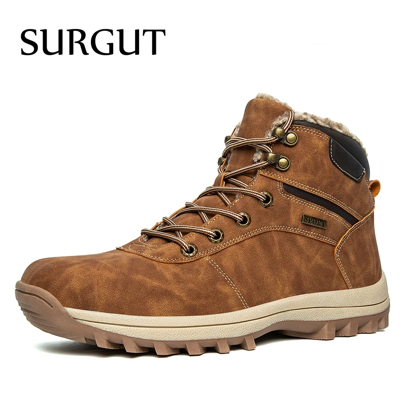 

SURGUT Autumn Men Boots Leather Casual Ankle Boots Men Winter Working Shoes Men Military Fur Warm Snow Boots For Men Botas
