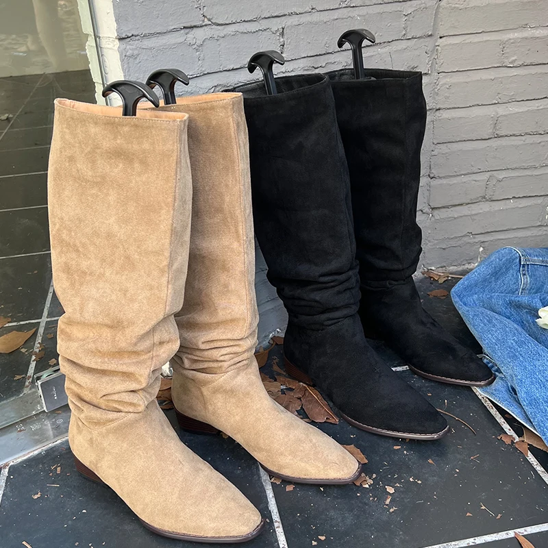 

Женские Плиссированные сапоги до колена, праздничные туфли-лодочки на каблуке, современные модные женские сапоги с острым носком, обувь из ...