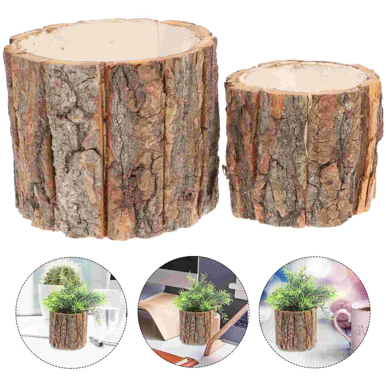 

2 Pcs Floral Bark Bucket Flower Container Green Plants Pot Artificial Outdoor Arrangement Veneer Wooden Storage Faux