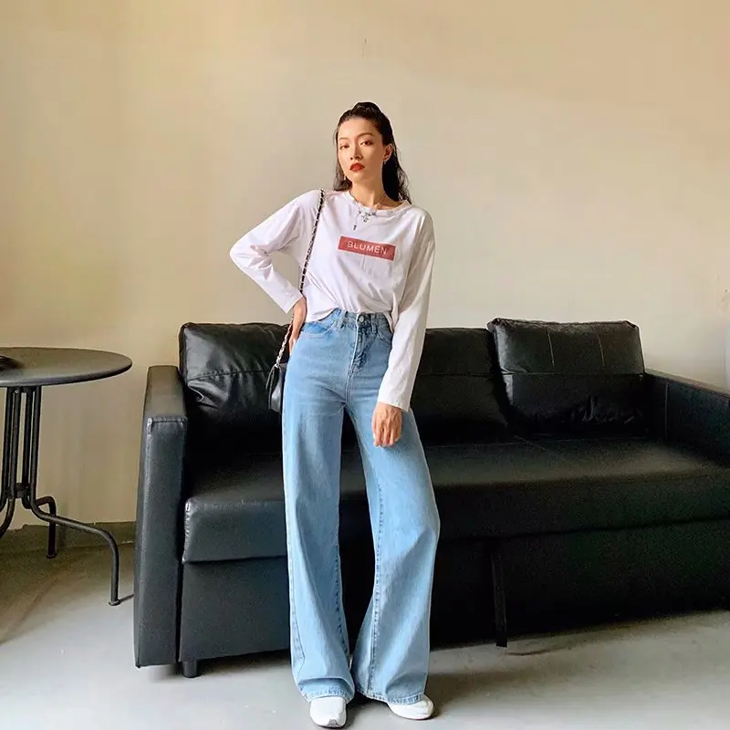 High Waist Solid Color Wide Leg Jeans Spring Autumn New Retro Style Women Street Style Classic Slim Pants Lady Straight Denim