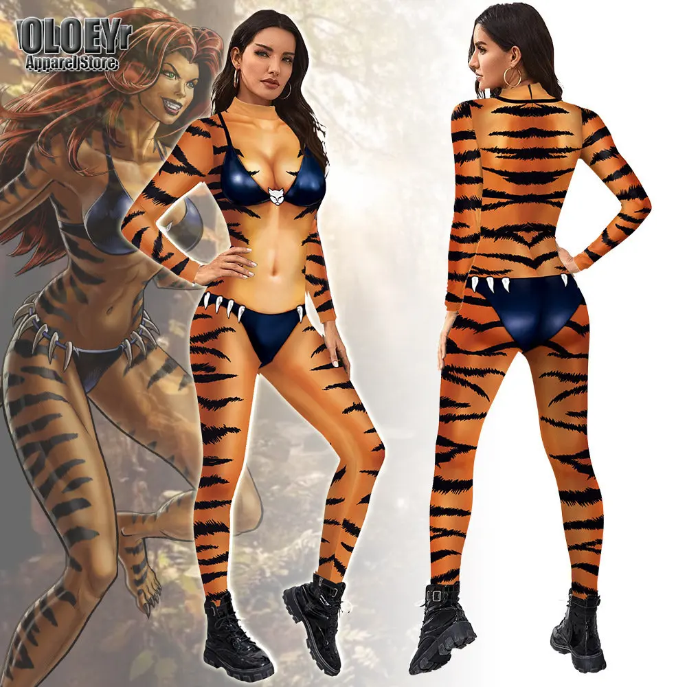 

Женский сексуальный комбинезон с 3D-принтом Ягуара, леопарда, тигра, костюмы для косплея на Хэллоуин для взрослых, одежда для ролевых игр и ве...