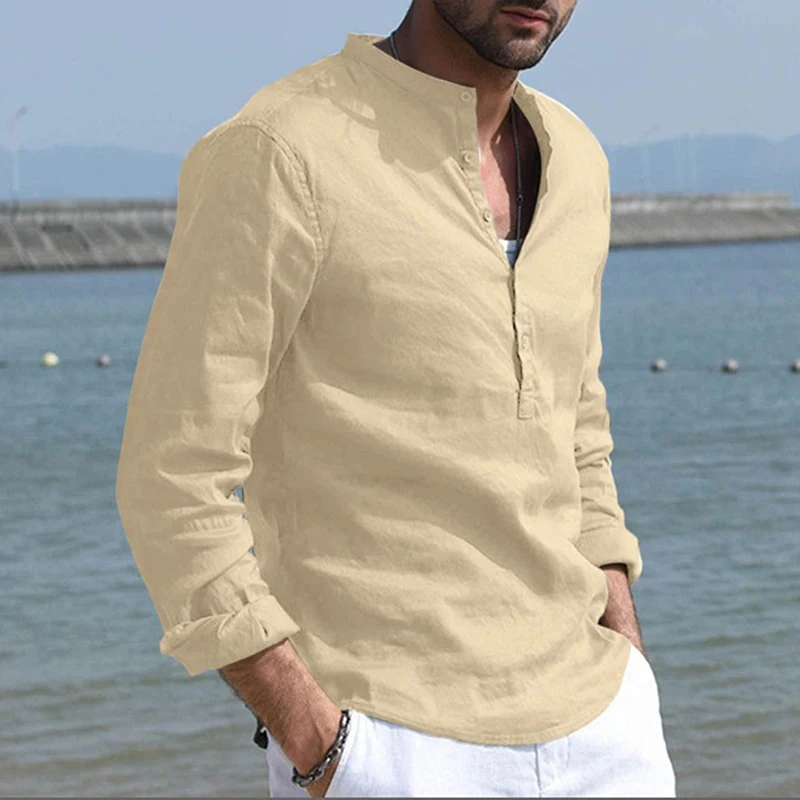 

2023 New Men's Casual Blouse Linen Stand Collar Loose Shirt Autumn Handsome Male Shirt Fashion Solid Color Top Tee