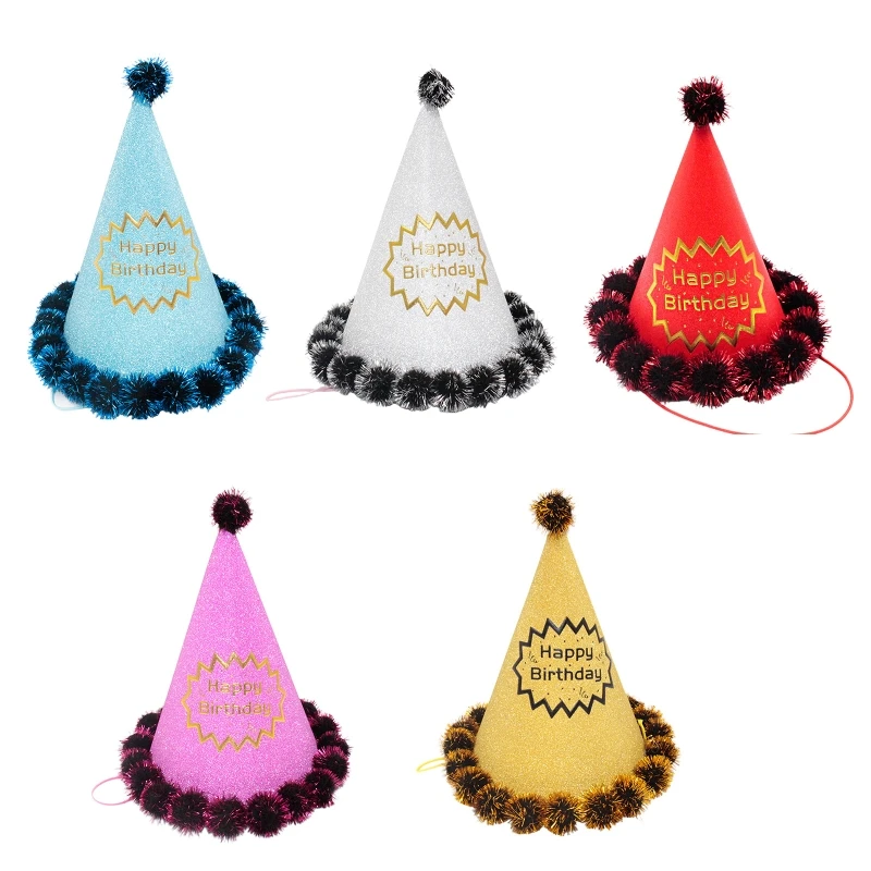 

Party Cone Hats Pompoms Birthday Crown Paper Party Hats for Children Adults