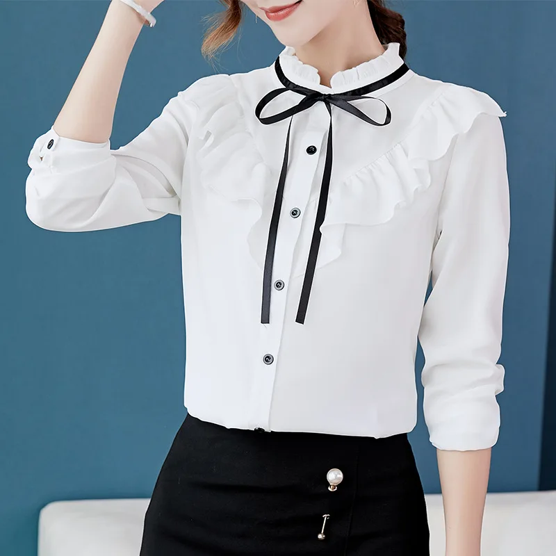 

Slim Chiffon Blouse Elegant Ladies Tops Spring Autumn 2022 Women White Shirt Long Sleeve Shirts Korean Ruffles Women Streetwear