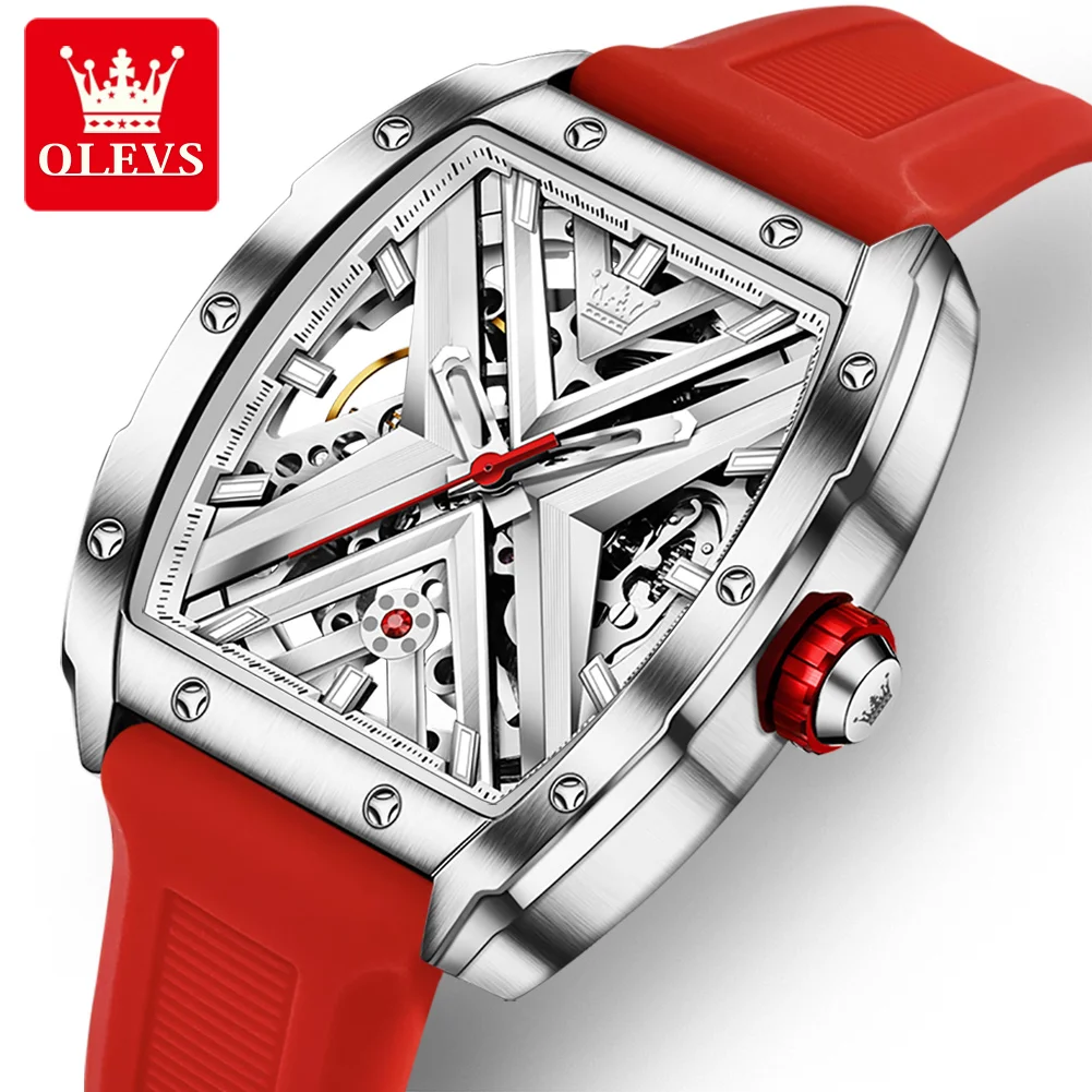 

OLEVS Tonneau Dial Mens Automatic Mechanical Watch Luminous Skeleton Waterproof Watches Military Red Silicone Strap Reloj 2023