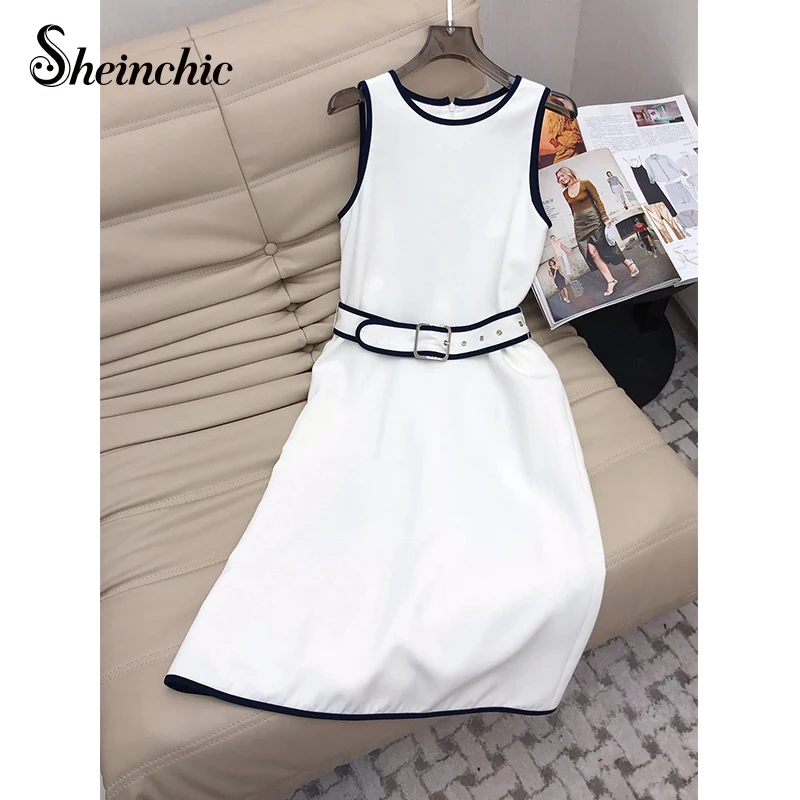 

Silk Wool Dress for Women 2023 Autumn High Quality Luxury Designer Elegant O-neck Sleeveless Midi Dresses with Belt