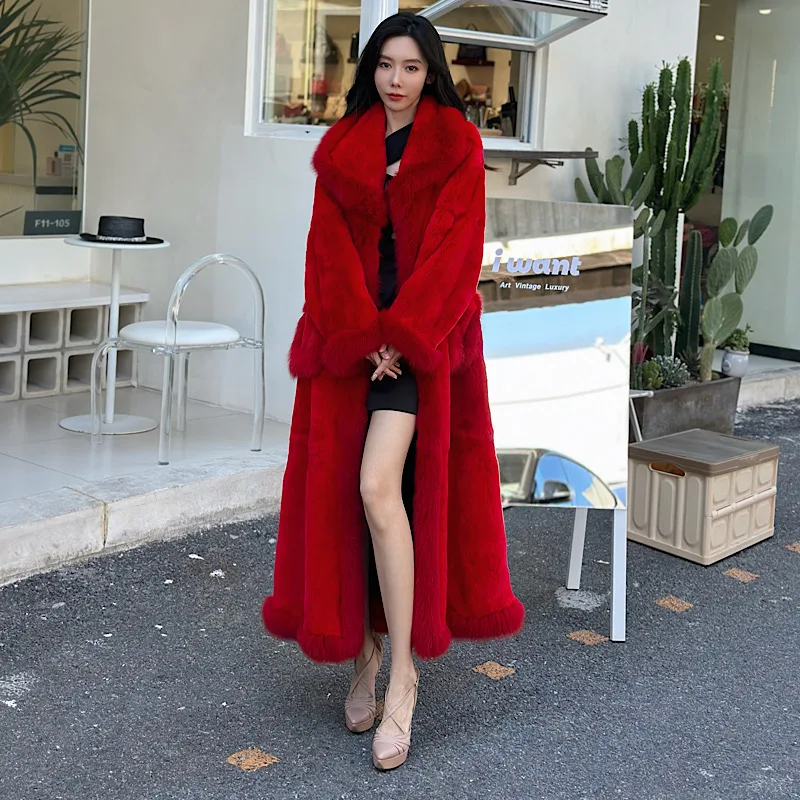 Женское длинное пальто из натур. Кожи зимнее натурального меха кролика рекс с