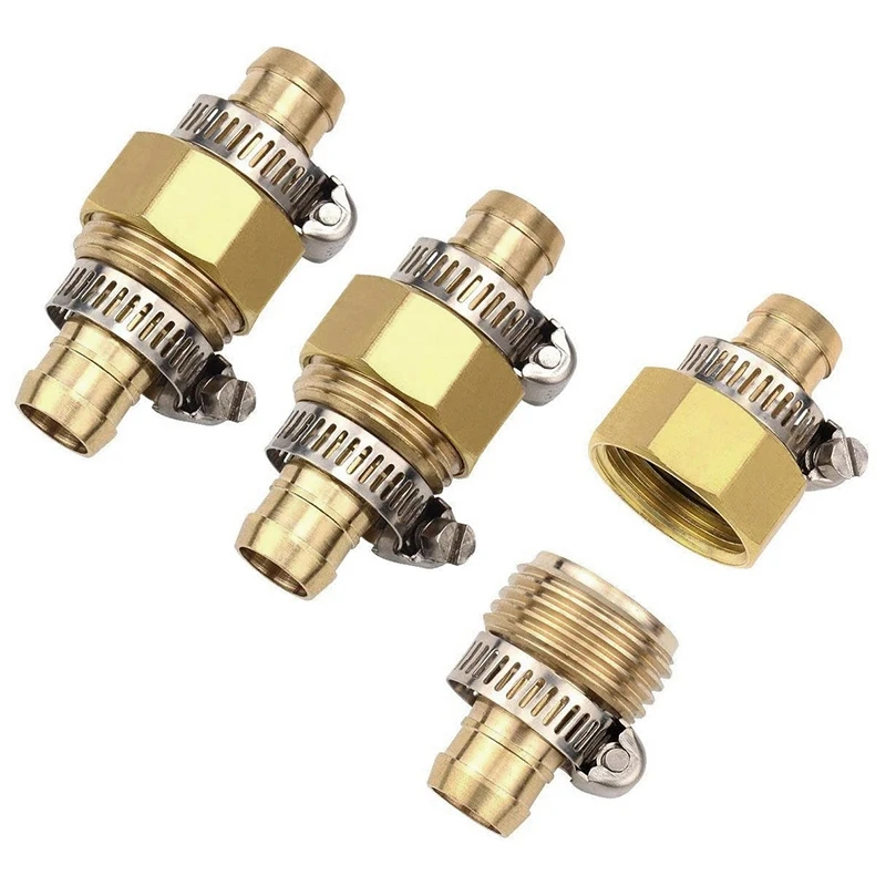 

3 Sets Brass 5/8 Inch Garden Hose Mender End Repair Male Female Connectors With Stainless Clamp