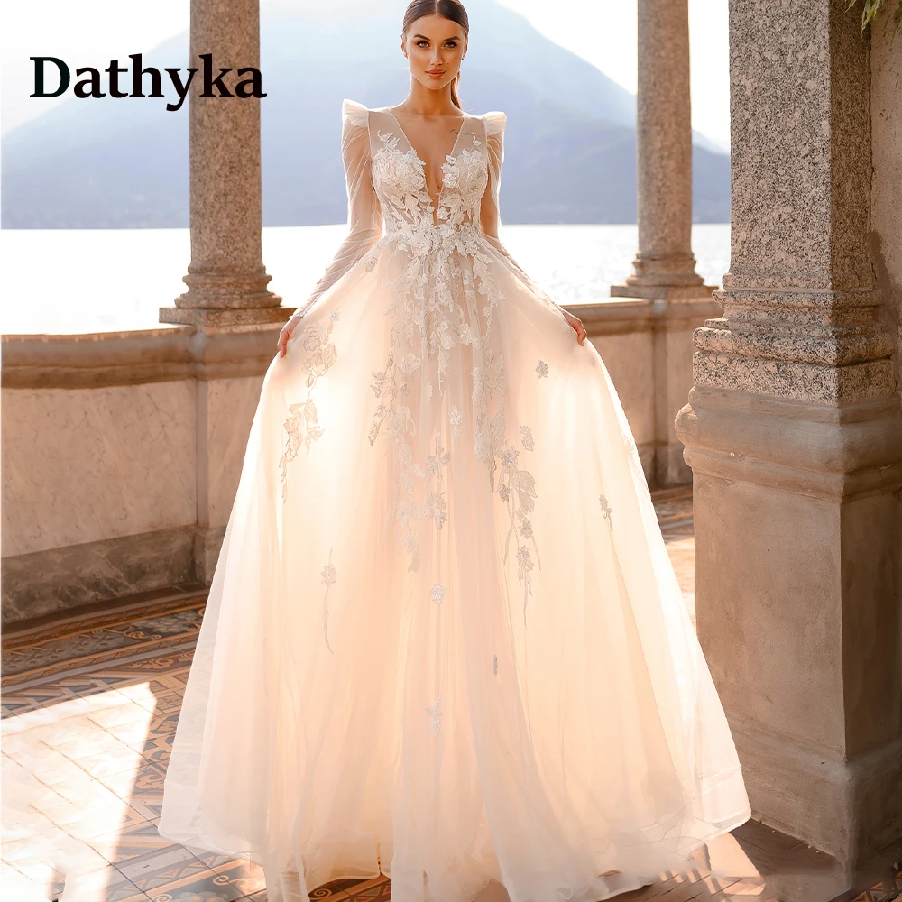 

Dathyka Luxury Puff Sleeves Princess Wedding Gown For Bride Lace Appliques Backless Wedding Dress For Women Dropping Shipping