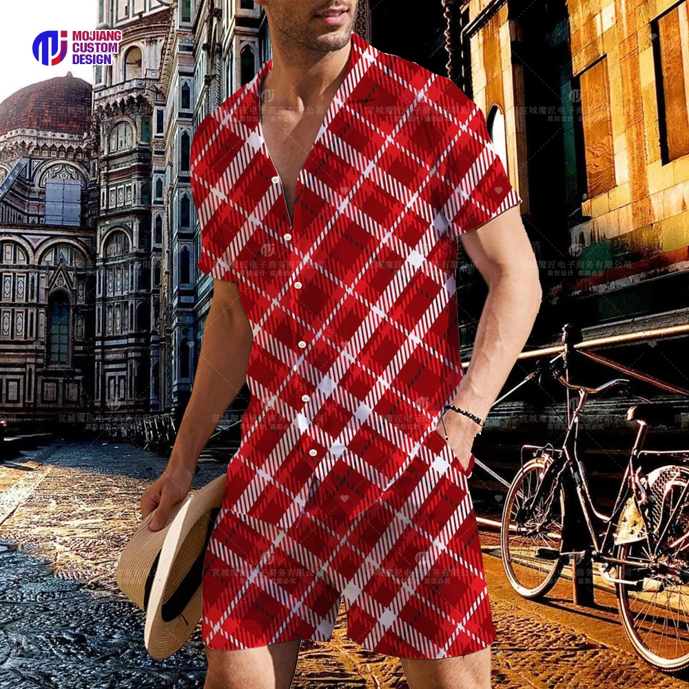 2023 Men's Red Check Shirt and Shorts Set Summer Fashion Beach Short Sleeve 2-Piece Set Luxury Breathable Tops Hawaiian Set