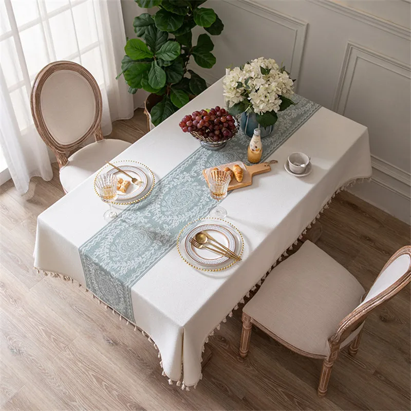 

Cotton Geometric Jacquard Fabric Tablecloth Linen Rectangular Home Decoration Table Cover With Tassel For Banquet Party Nappe