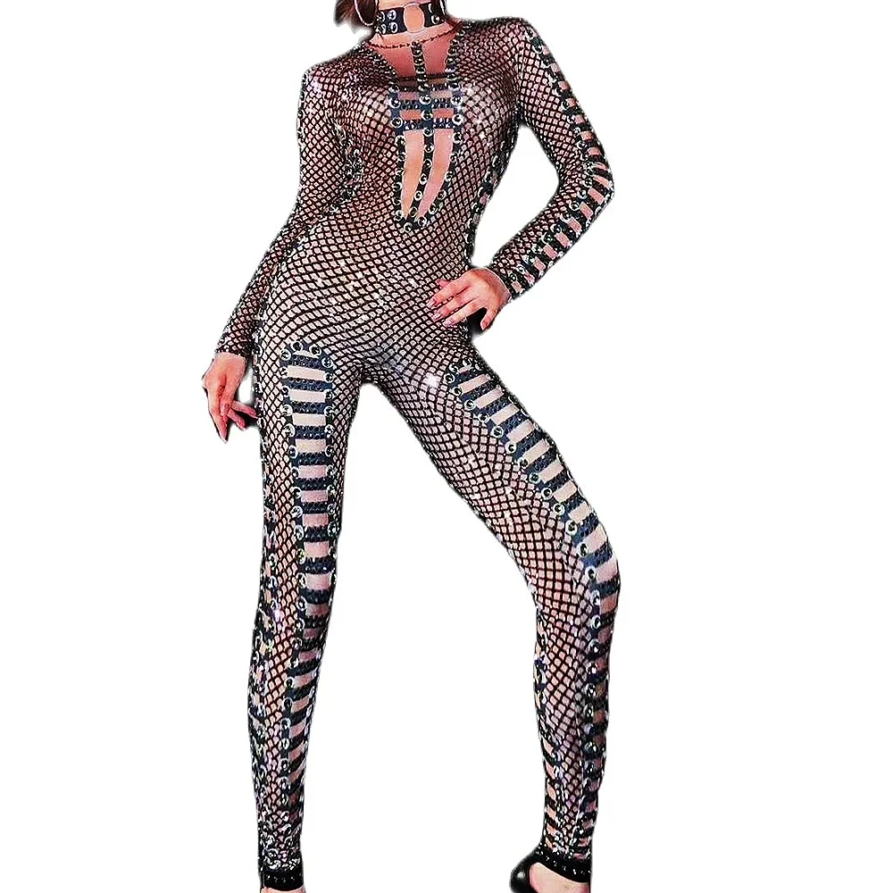 Сетчатые блестящие стразы с длинными рукавами сексуальные комбинезоны для