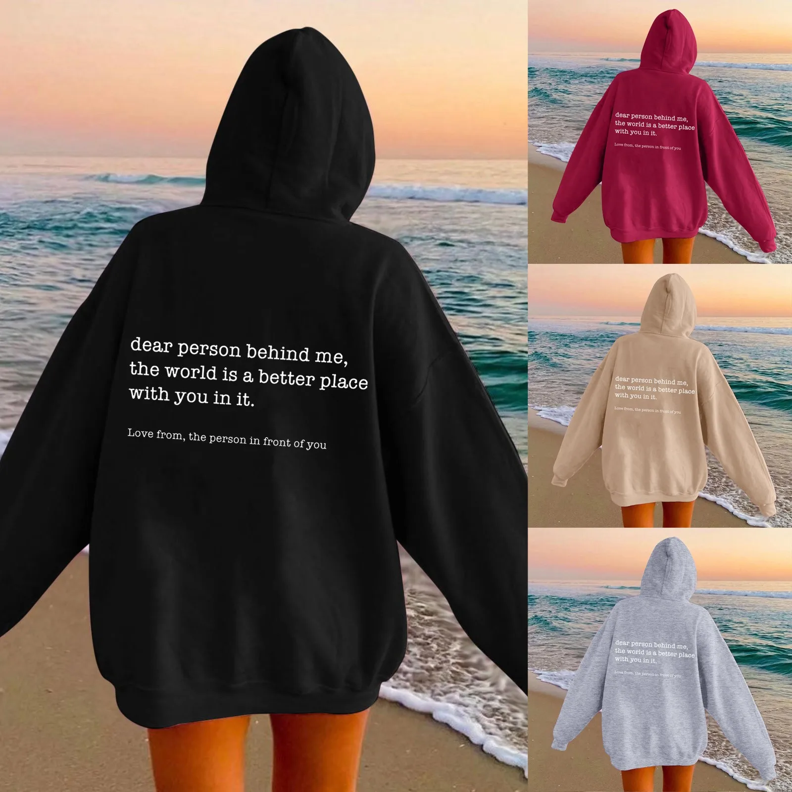 

Women Fleece Harajuku Hoodies Sweatshirt Letter Print Drawstring Pockets Losse Blouse Ladies Oversize Warm Hoodies Streetwear