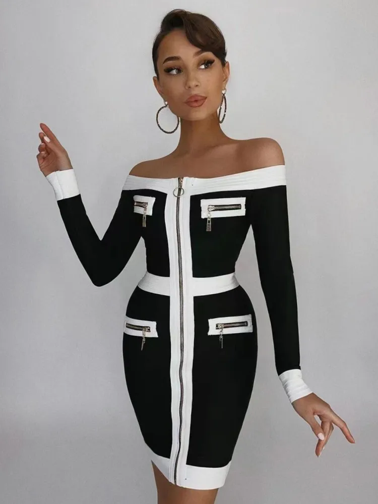 

New Women Sexy Fashion Bandage Dress 2022 Elegant Designer Patchwork Off the Shoulder Zipper Party Dress Vestido