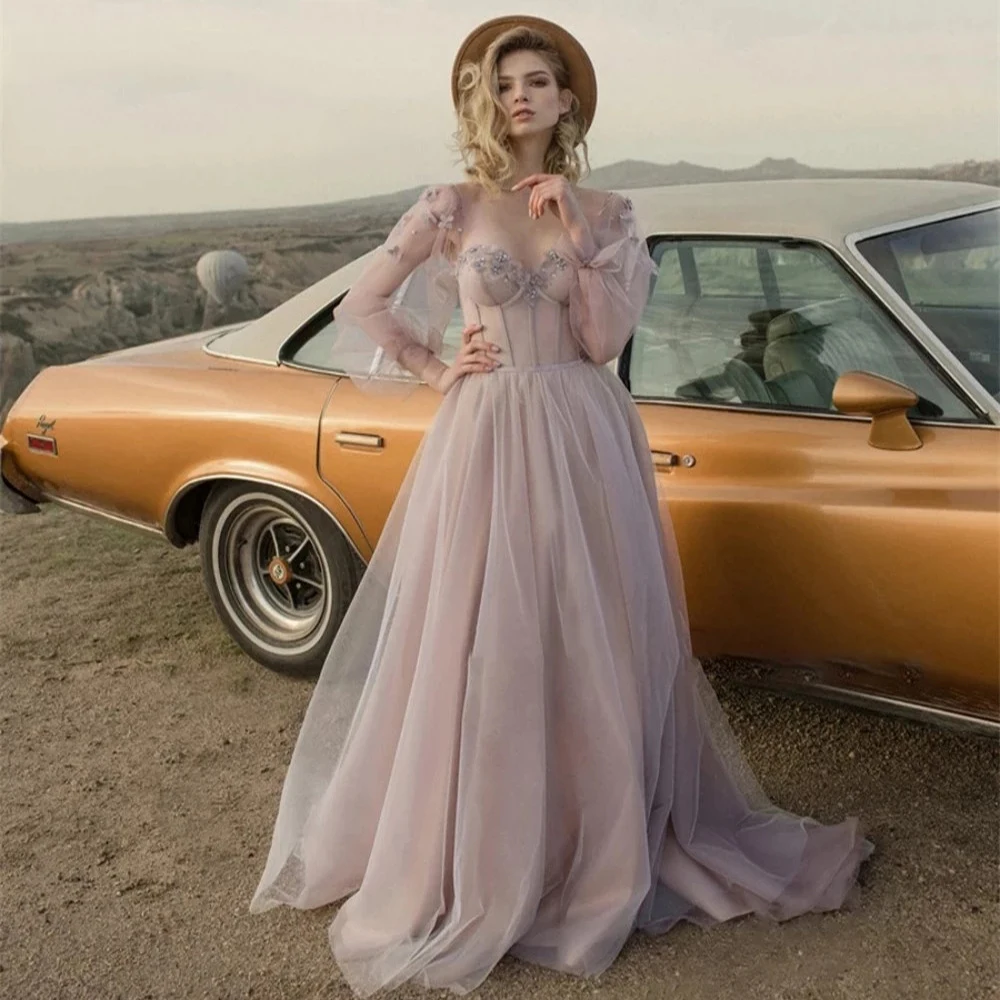 

Long Sleeves Evening Dress For Women Sweetheart A-Line Beach Tulle Party Gowns Simple Flower Appliques Prom Dress Custom Made