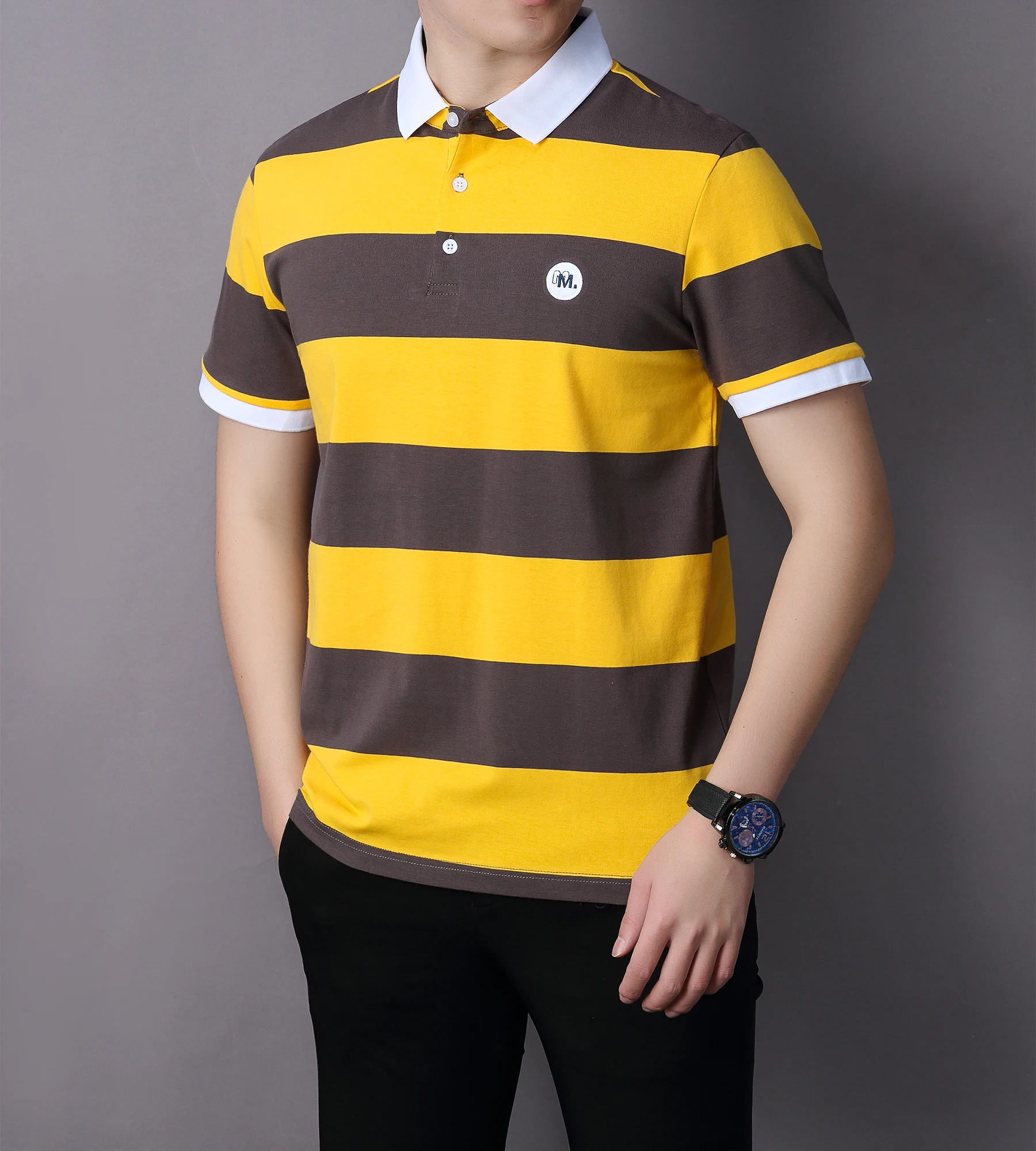 

AISHUNP Summer Men's Polo T-shirt Color Stripes Fashion Short Sleeve Cotton Shirts for Men Embroidery Tees